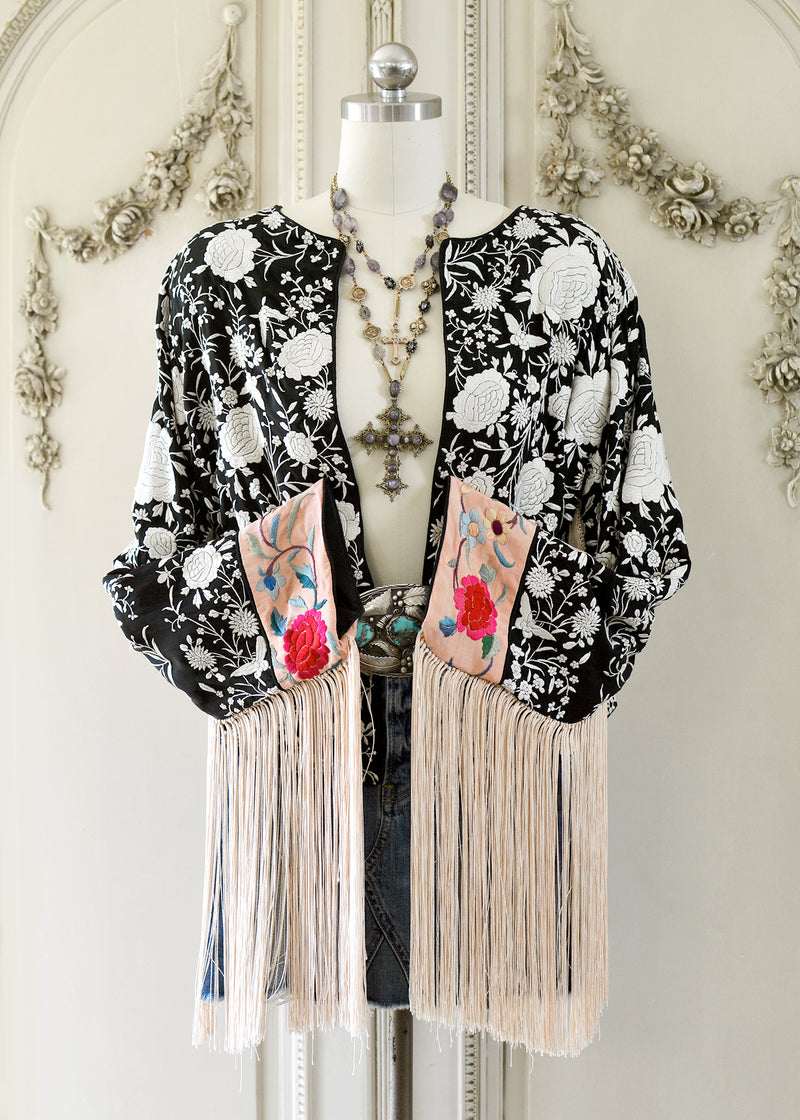 Emma Hand Embroidered Antique Silk Crepe Chanel Style Jacket with Opulent Fringes