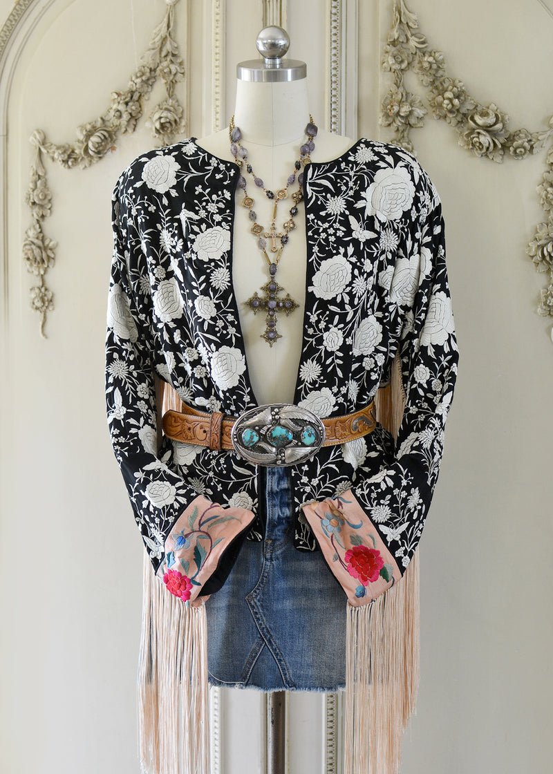 Emma Hand Embroidered Antique Silk Crepe Chanel Style Jacket with Opulent Fringes