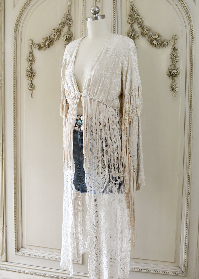 Etta Opulent Antique Hand Embroidered Creme Silk Duster with Irish Lace Skirt