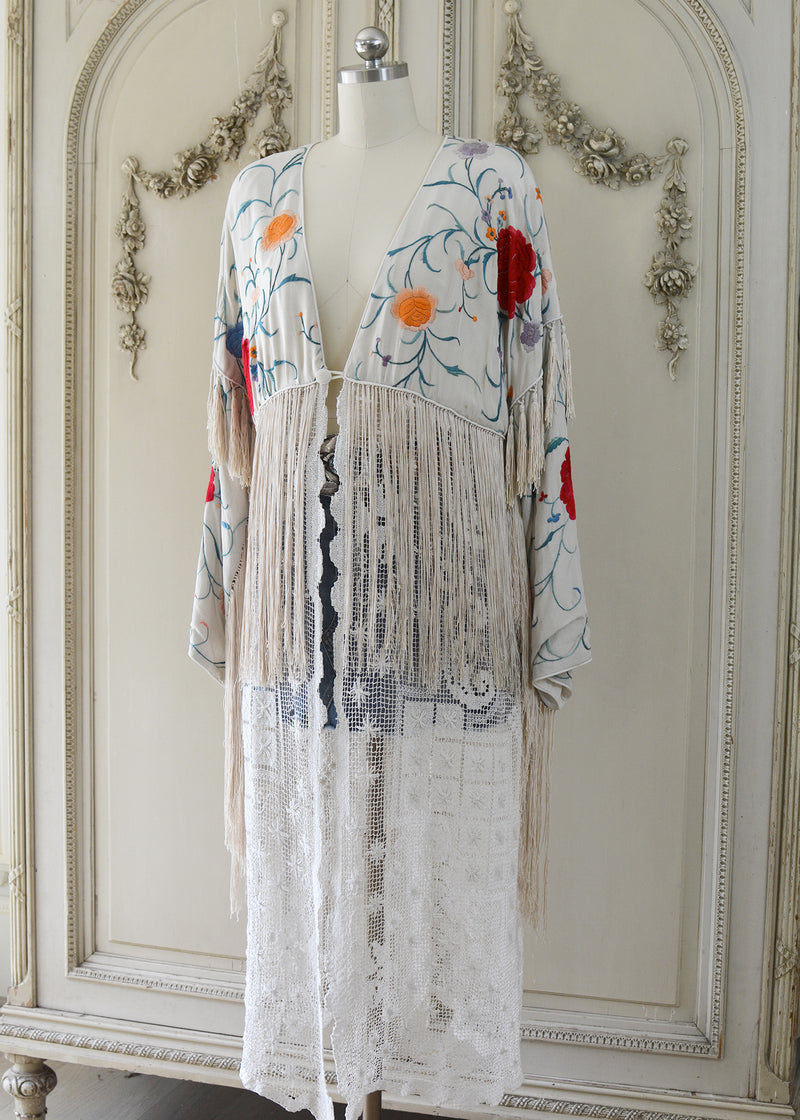 Etta Antique Hand Embroidered Creme & Jewel Tones Silk Duster with Irish Lace Skirt