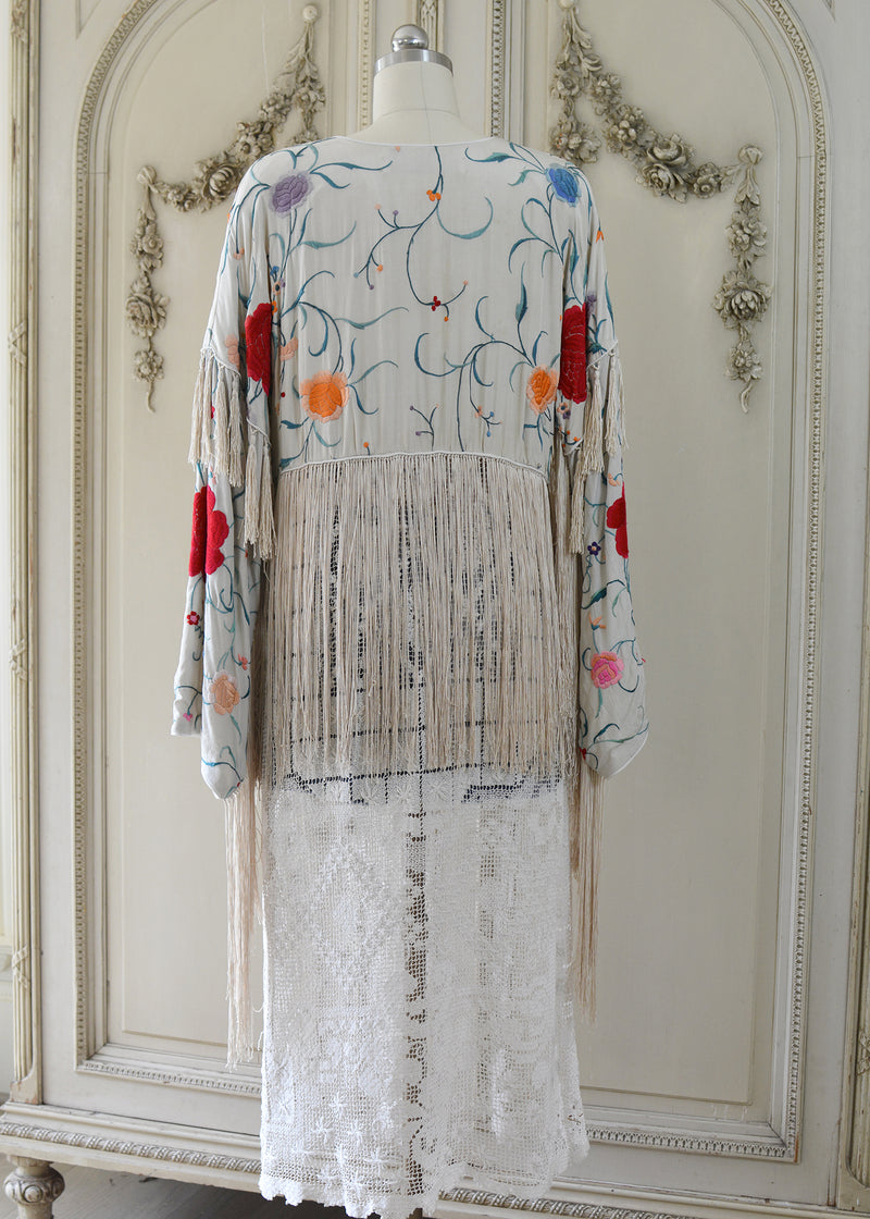 Etta Antique Hand Embroidered Creme & Jewel Tones Silk Duster with Irish Lace Skirt