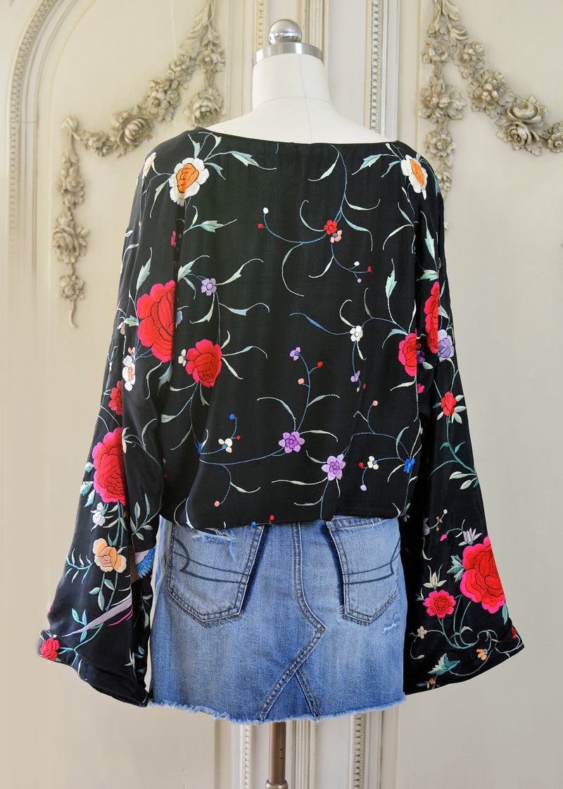 Flora Antique Hand Embroidered Black Silk Crepe with Birds & Flowers Crop Top