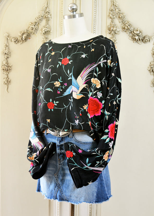 Flora Antique Hand Embroidered Black Silk Crepe with Birds & Flowers Crop Top