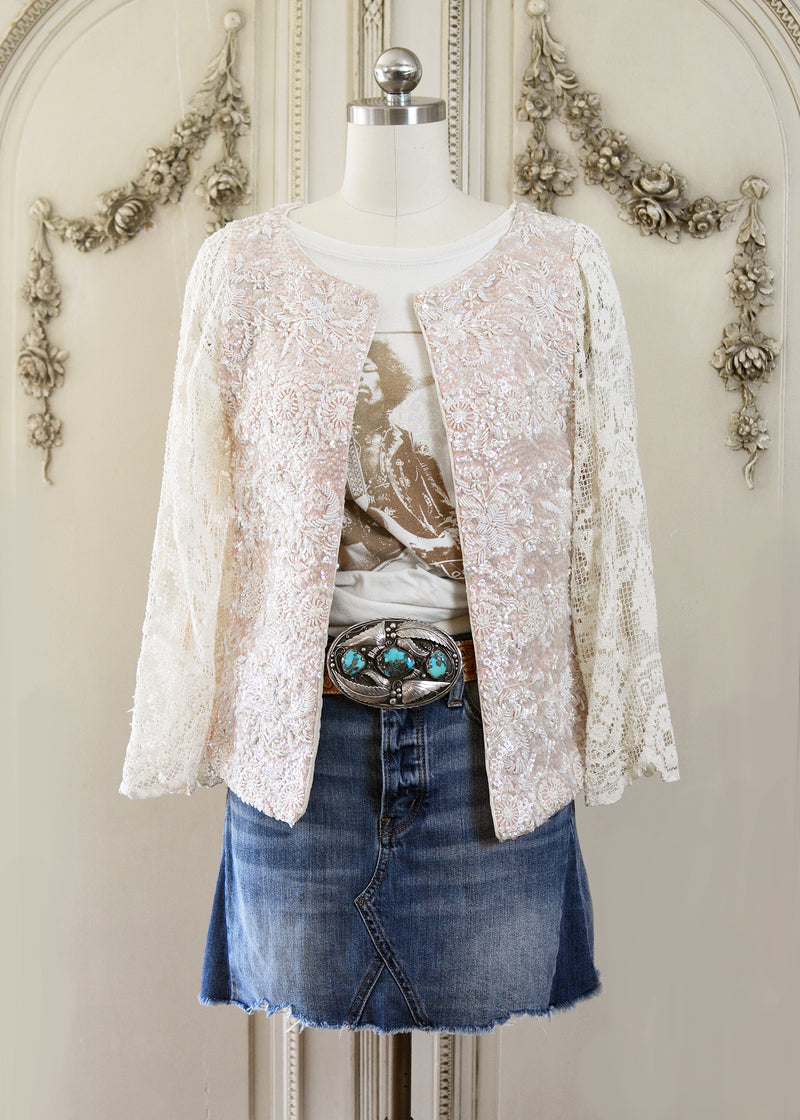 Florence Antique Hand Embroidered Pink Sequin Jacket with Filet Lace Sleeves