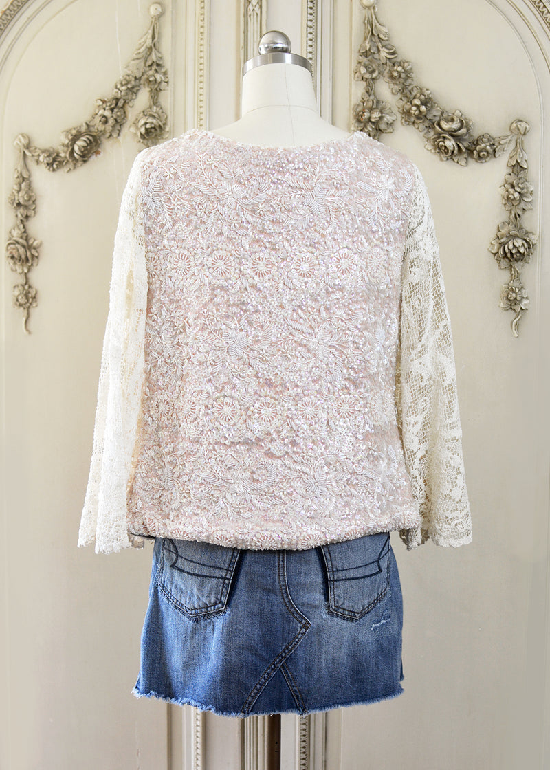 Florence Antique Hand Embroidered Pink Sequin Jacket with Filet Lace Sleeves