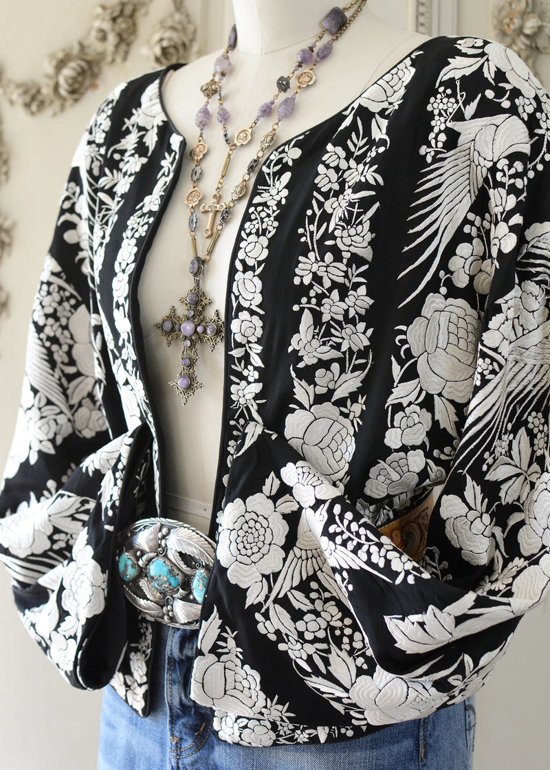 Francesca Antique Hand Embroidered Black & Creme Silk Crepe Jacket