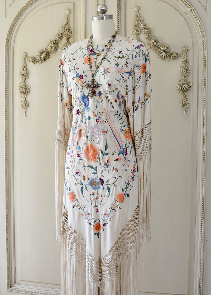 Francoise Antique Hand Embroidered Silk Crepe Parisian Garden Dress with Birds