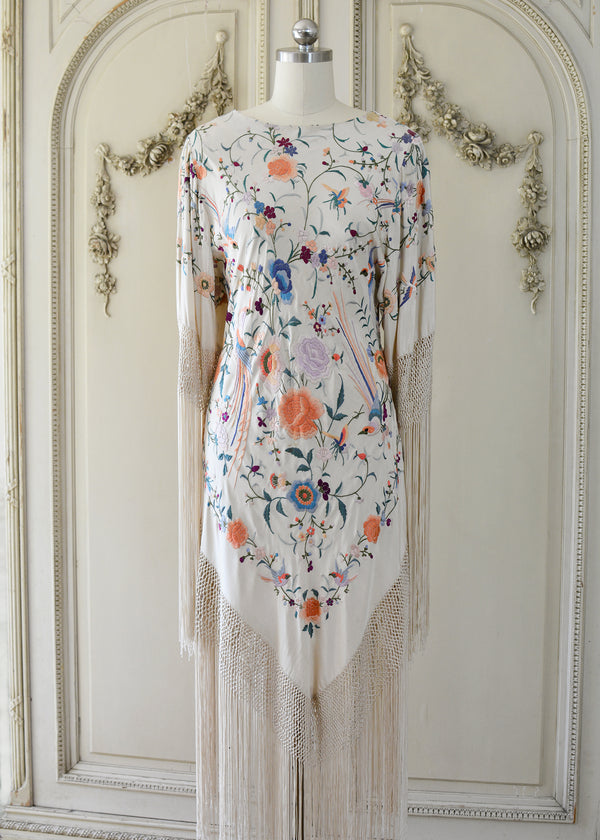 Francoise Antique Hand Embroidered Silk Crepe Parisian Garden Dress with Birds