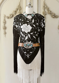 Gillian Antique Hand Embroidered Black & Creme Silk Tunic with Fringes