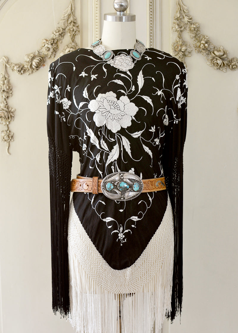 Gillian Antique Hand Embroidered Black & Creme Silk Tunic with Fringes