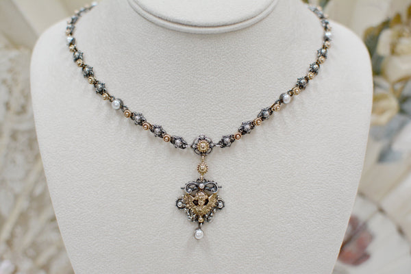 Celestial Angels Drop Necklace in 14 kt. Gold and Silver with Freshwater Pearls