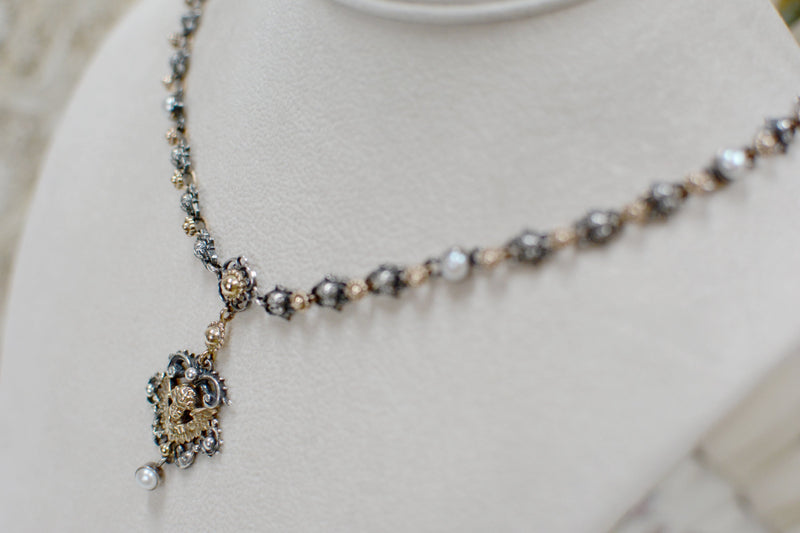 Celestial Angels Drop Necklace in 14 kt. Gold and Silver with Freshwater Pearls