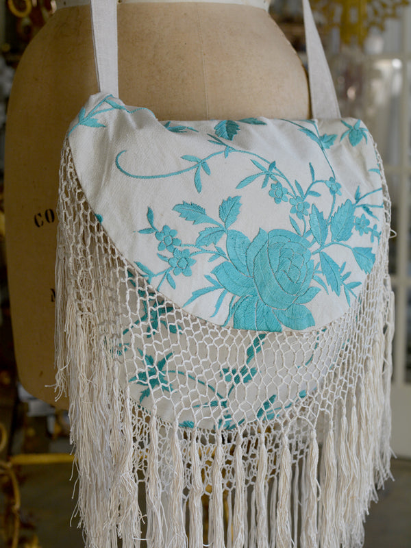 Late 19 th. C. Creme Silk Crepe Grace Across Body Bag with Vibrant Turquoise Blue Hand Embroidery