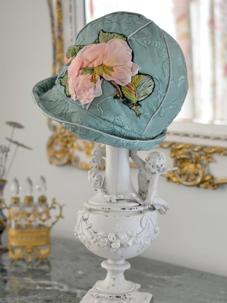 Green & Pink Rose Applique Cloche Hat