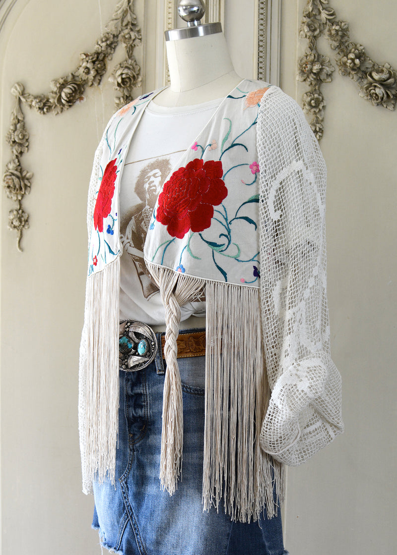 Hannah Antique Hand Embroidered Creme & Rose Silk Bolero Jacket with Elaborate Fringes