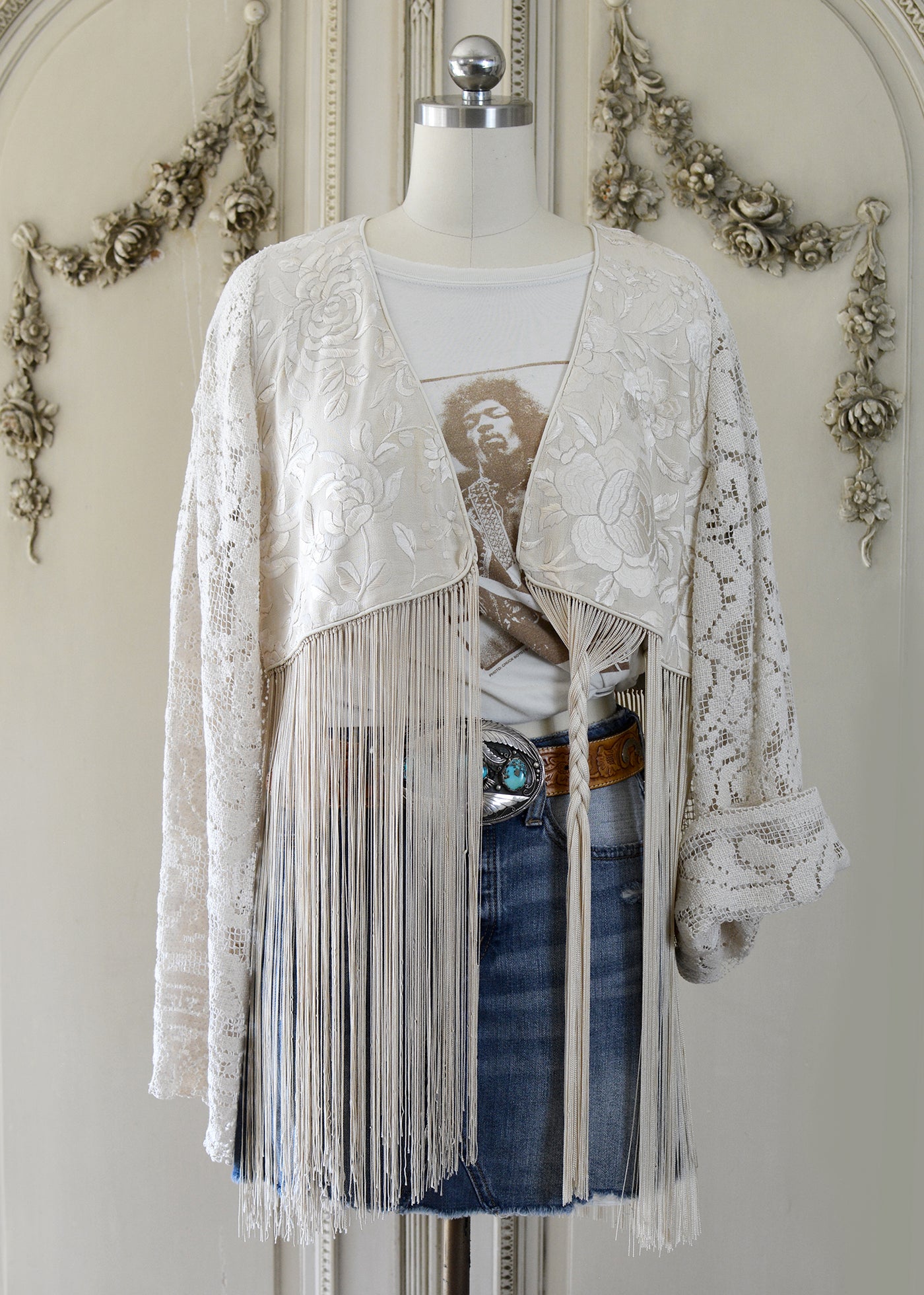 Hannah Antique Hand Embroidered Creme, Black & Peach Silk