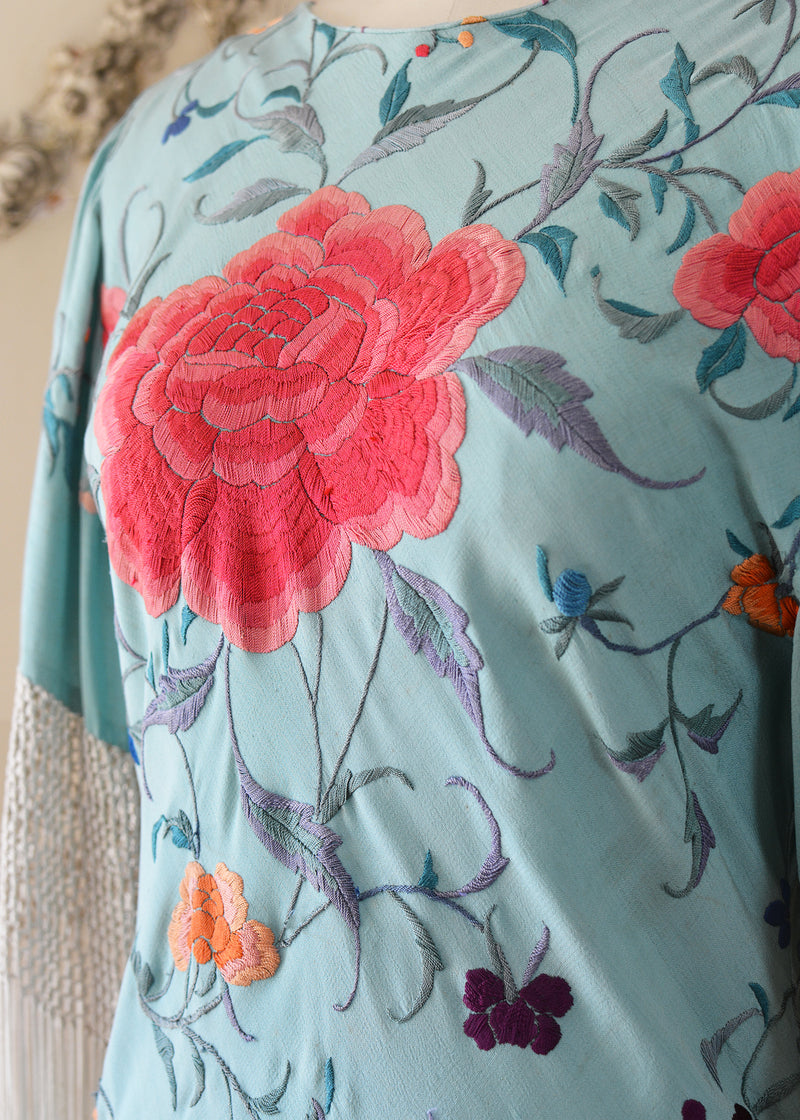 Hope Antique Hand Embroidered Aqua Silk Crepe Festival Dress with Opulent Fringes