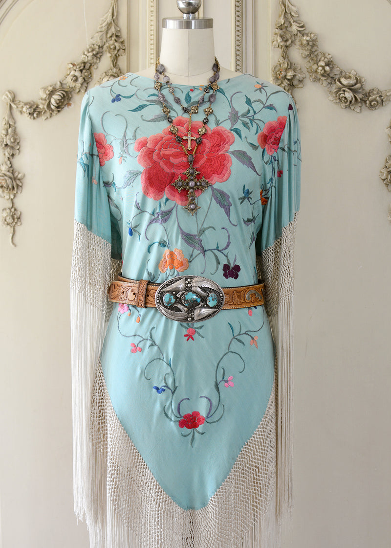 Hope Antique Hand Embroidered Aqua Silk Crepe Festival Dress with Opul Jill Garber Couture Hope Antique Hand Embroidered Aqua Silk Crepe Festival Dress with Opul Jill Garber Couture