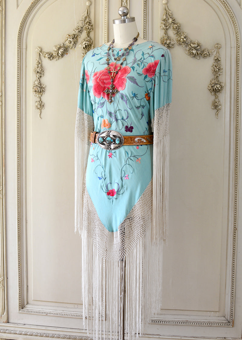 silk festival dress Hope Antique Hand Embroidered Aqua Silk Crepe Festival Dress with Opul Jill Garber Couture