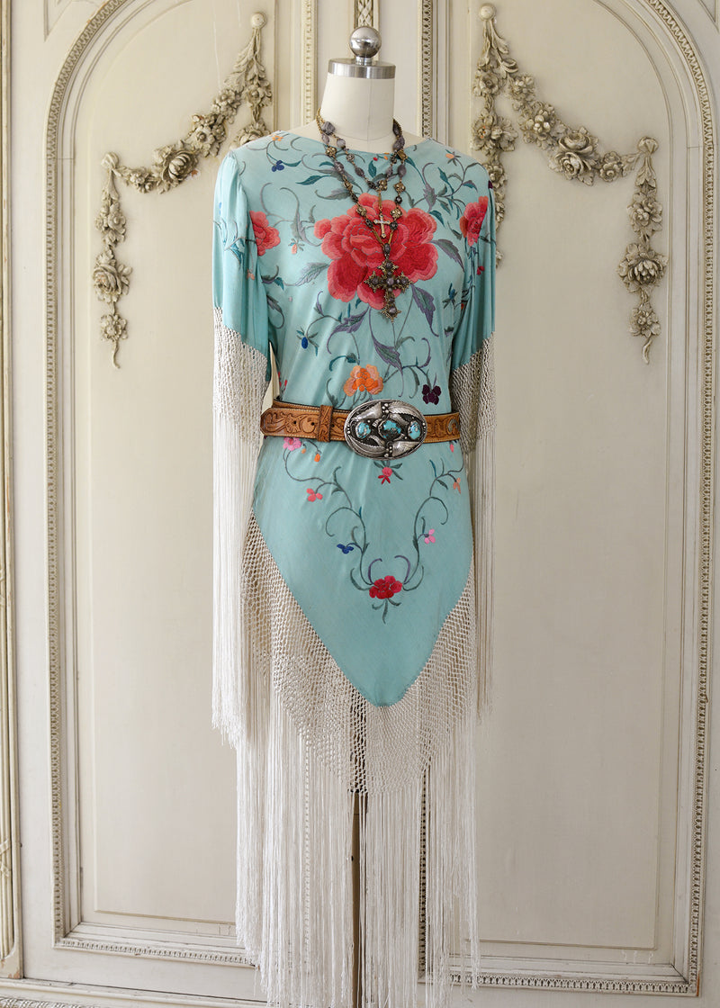 Hope Antique Hand Embroidered Aqua Silk Crepe Festival Dress with Opul Jill Garber Couture Hope Antique Hand Embroidered Aqua Silk Crepe Festival Dress with Opul Jill Garber Couture