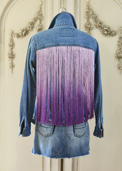 Iris Vintage Denim Fitted Ranchers Jacket with Opulent Purple Ombre Silk Fringes