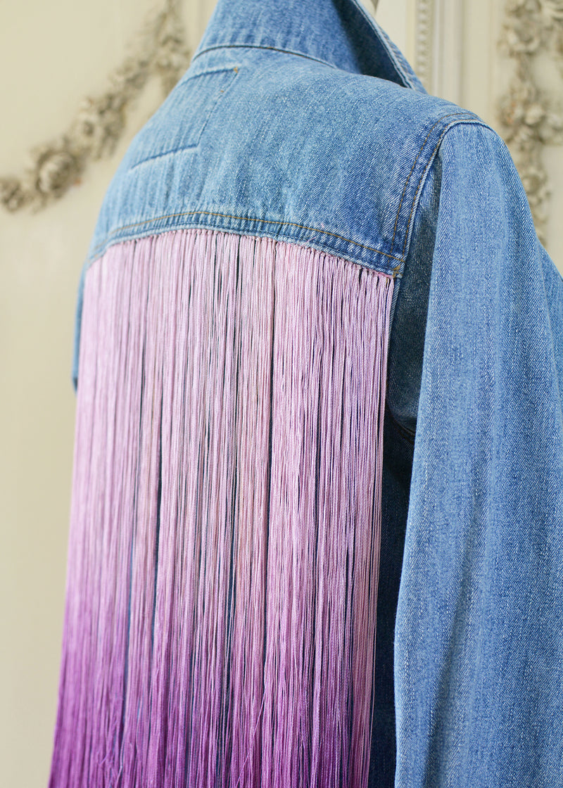 Iris Vintage Denim Fitted Ranchers Jacket with Opulent Purple Ombre Silk Fringes