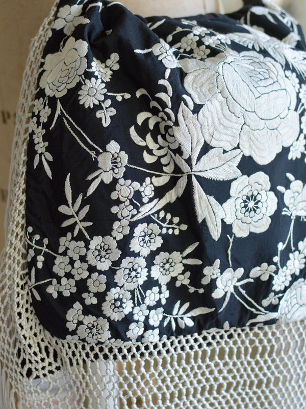 19 th. C.Lamp Black with Creme Hand Embroidered Silk Crepe Isabelle Shoulder Bag with Fringes