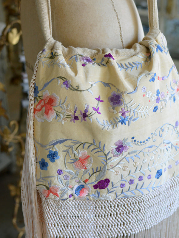 Pale Yellow 19 th. C. Hand Embroidered Silk Crepe Isabelle Shoulder Bag with Fringes