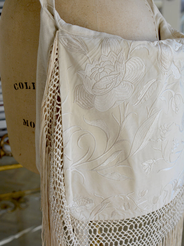 Late 19 th. C. Hand Embroidered Creme Silk Crepe Colette Messenger Bag with Elaborate Silk Fringes