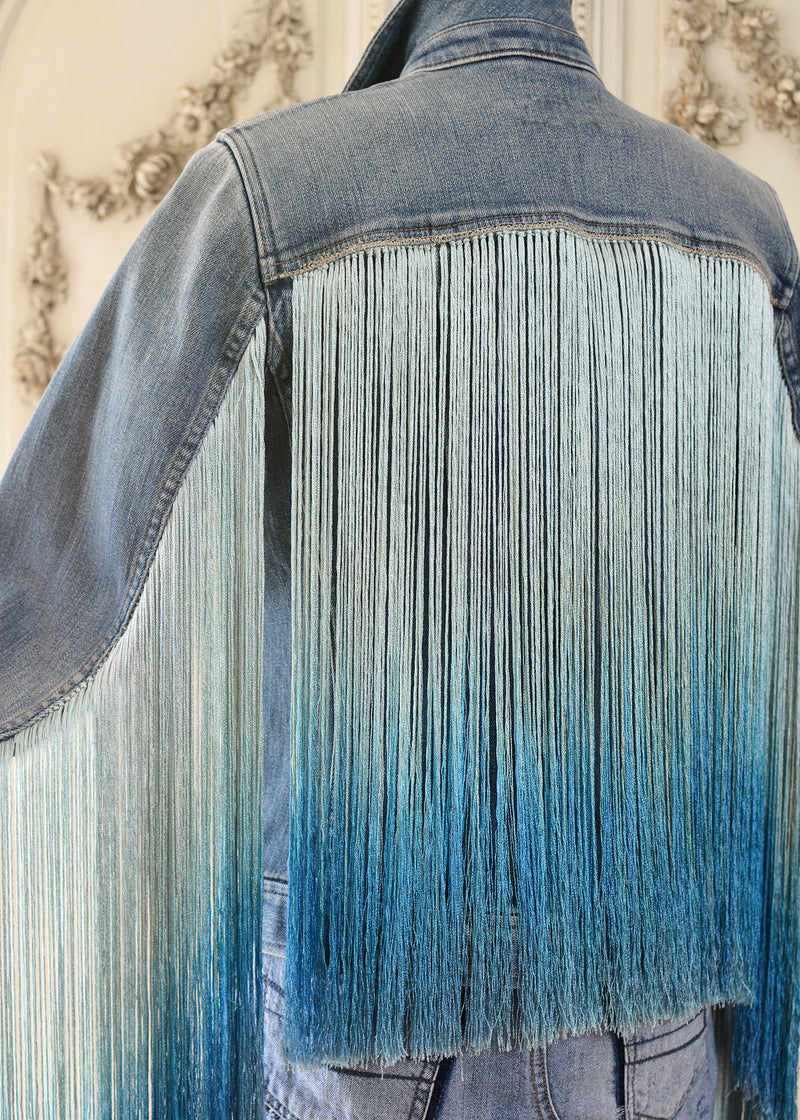 Jade Fitted Vintage Denim Cowgirl Jacket with Elaborate Antique Ombre Silk Fringes