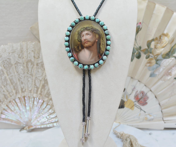 Early 19 th. C. Signed Porcelain Portrait of Christ Bolo with Royston Turquoise