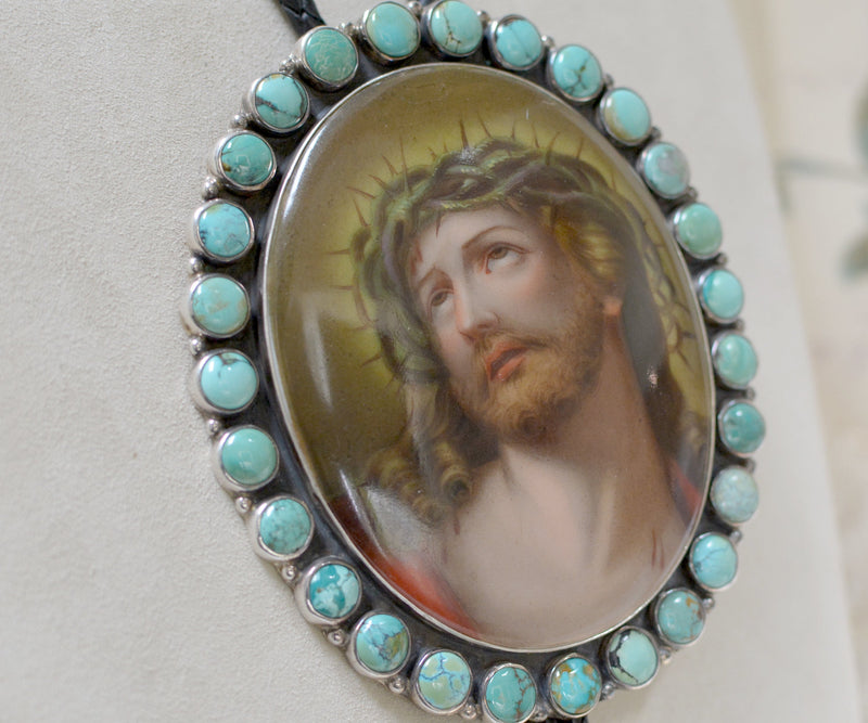 Early 19 th. C. Signed Porcelain Portrait of Christ Bolo with Royston Turquoise