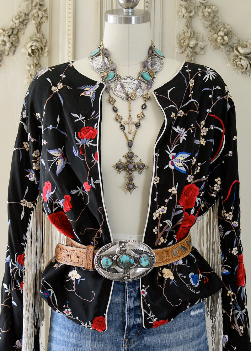 Jolene Antique Hand Embroidered Black & Creme Silk Crepe Waist Jacket with Fringes