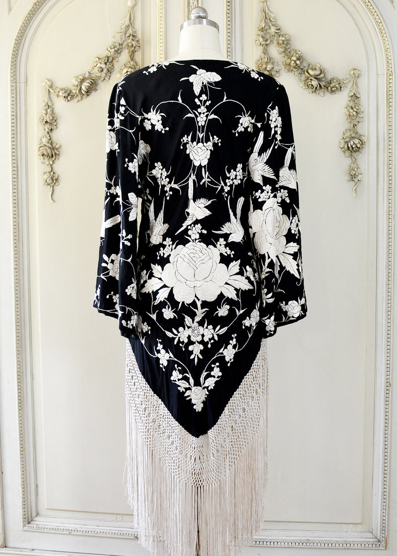 Kara Antique Hand Embroidered Black & Creme Silk Crepe Empire Dress