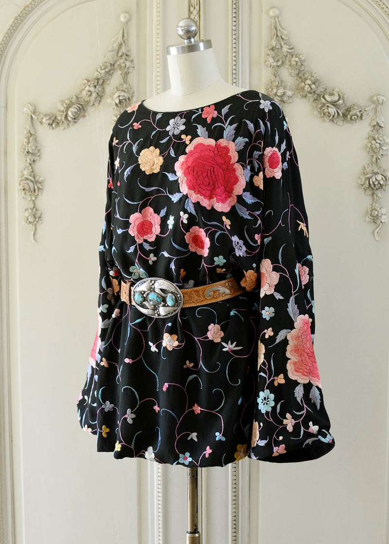 Lillie Antique Hand Embroidered Black, Coral & Rose Crepe Dress - SOLD