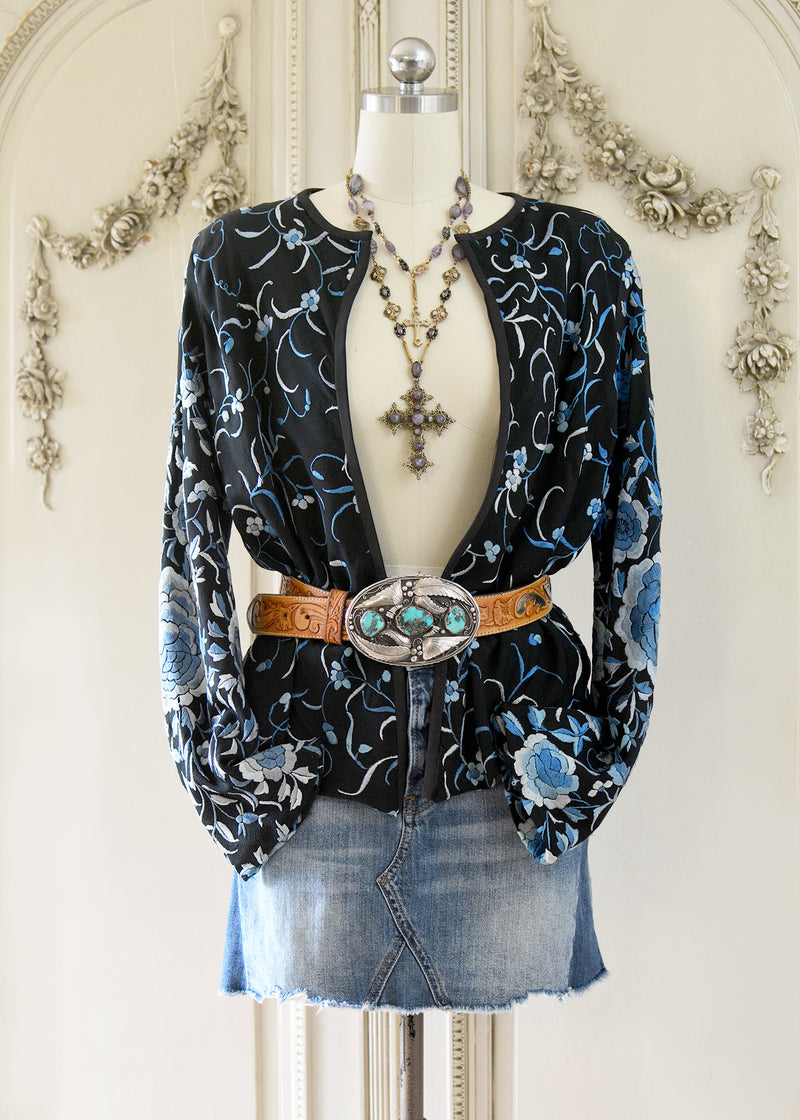 Mariel Antique Hand Embroidered Black & Cerulean Blue Silk Crepe Jacket