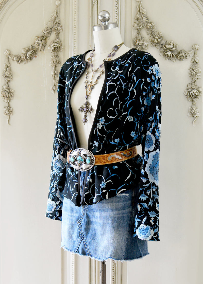 Mariel Antique Hand Embroidered Black & Cerulean Blue Silk Crepe Jacket