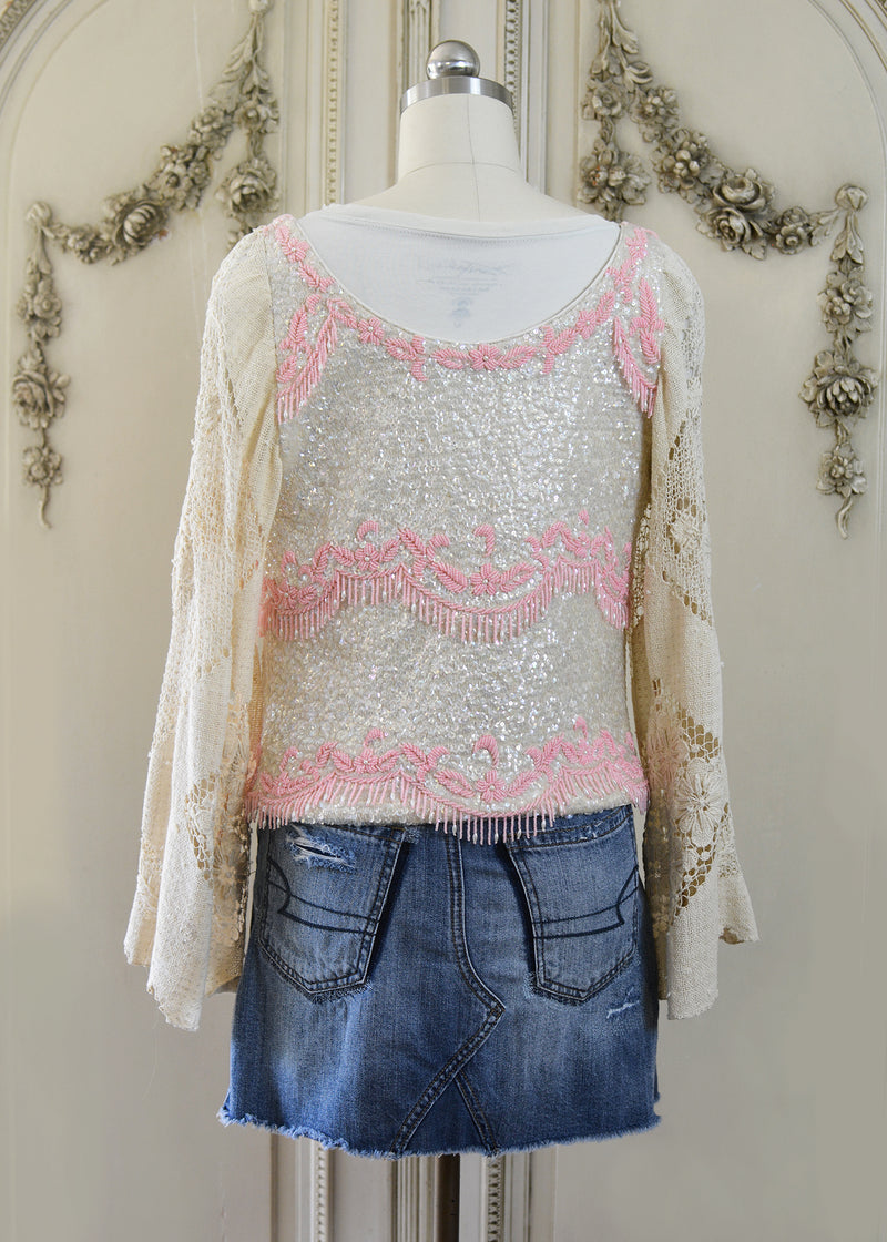 Mia Antique Hand Embroidered Creme & Pink Sequin Jacket with Filet Lace Sleeves
