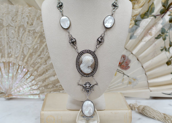 Lingerie Necklace with Antique Venetian Saint Mary Cameo, Figural Angels & Mother-of-Pearl