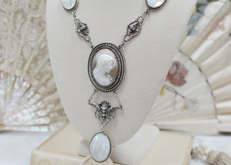 Lingerie Necklace with Antique Venetian Saint Mary Cameo, Figural Angels & Mother-of-Pearl