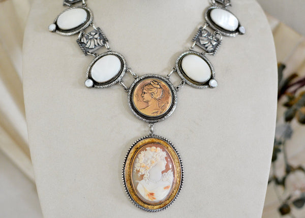 19 th. C. Romanesque Lingerie Necklace with Goddess Cameo and Mother-of-Pearl