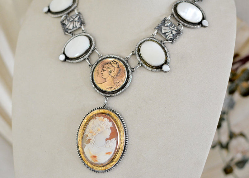 19 th. C. Romanesque Lingerie Necklace with Goddess Cameo and Mother-of-Pearl
