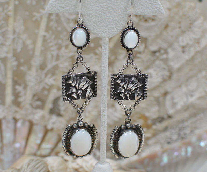 Antique English Repousse' Floral Drop Earrings with Mother-of-Pearl