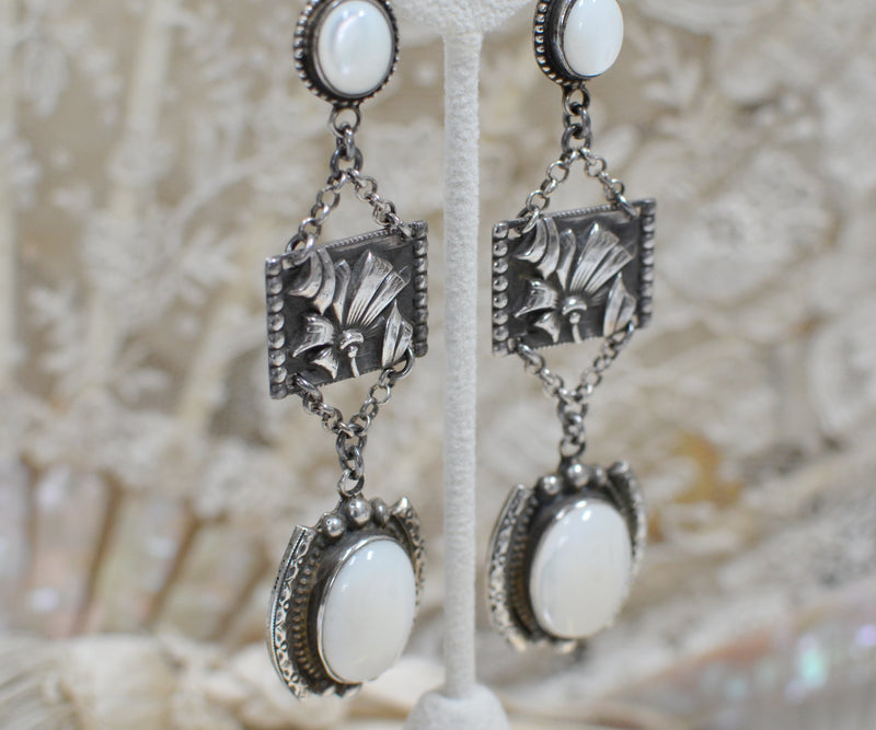 Antique English Repousse' Floral Drop Earrings with Mother-of-Pearl
