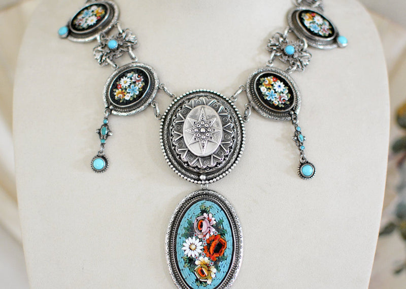 19 th. C. Venetian Tesserae Micro Mosaic Festoon Necklace with English Star and Turquoise - SOLD