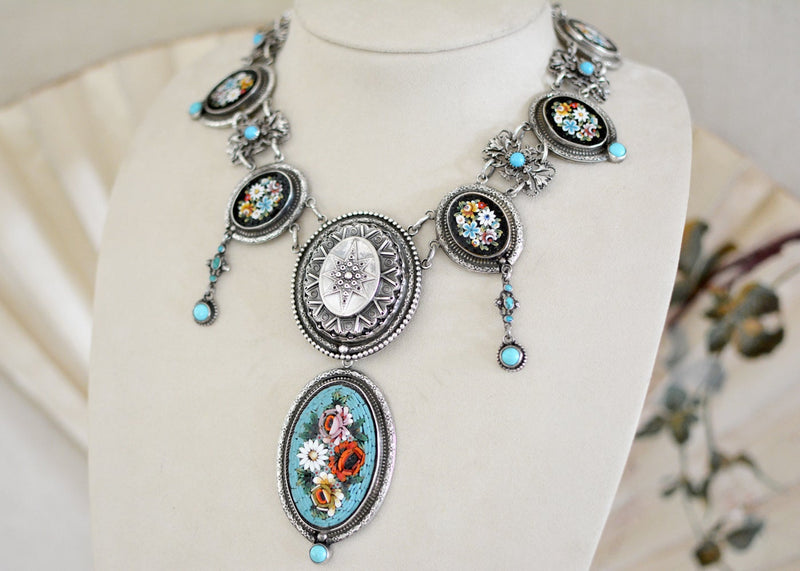 19 th. C. Venetian Tesserae Micro Mosaic Festoon Necklace with English Star and Turquoise - SOLD