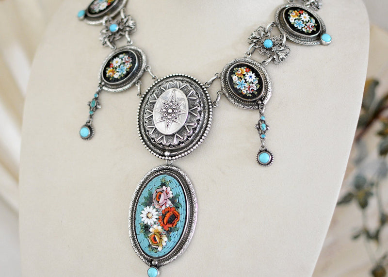 19 th. C. Venetian Tesserae Micro Mosaic Festoon Necklace with English Star and Turquoise - SOLD