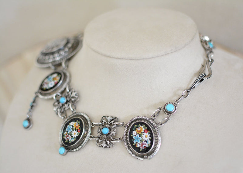 19 th. C. Venetian Tesserae Micro Mosaic Festoon Necklace with English Star and Turquoise - SOLD