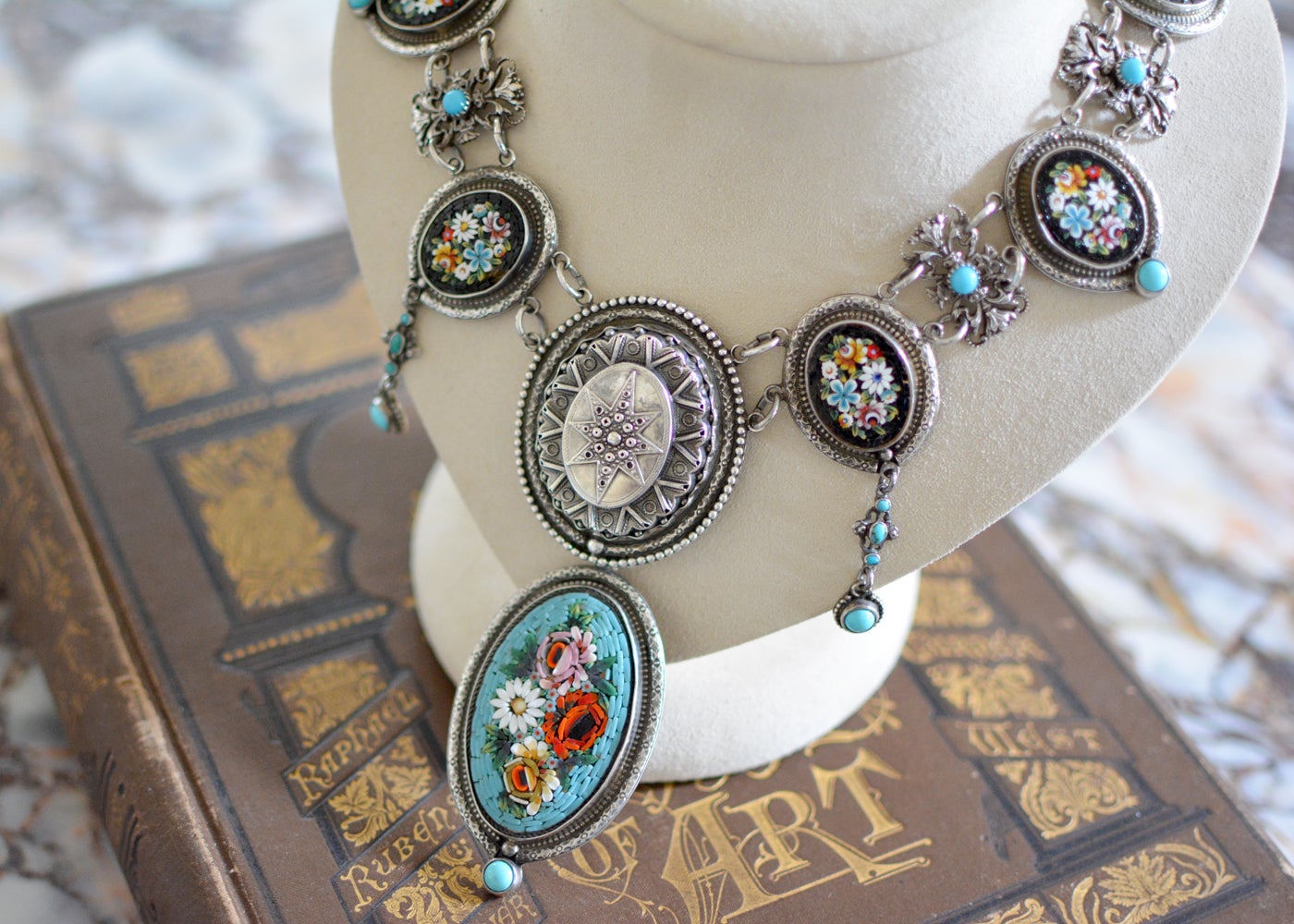 19 th. C. Venetian Tesserae Micro Mosaic Festoon Necklace with