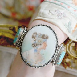 Rare 19 th. C Art Nouveau Porcelain Mucha Portrait Cuff with Royston Turquoise